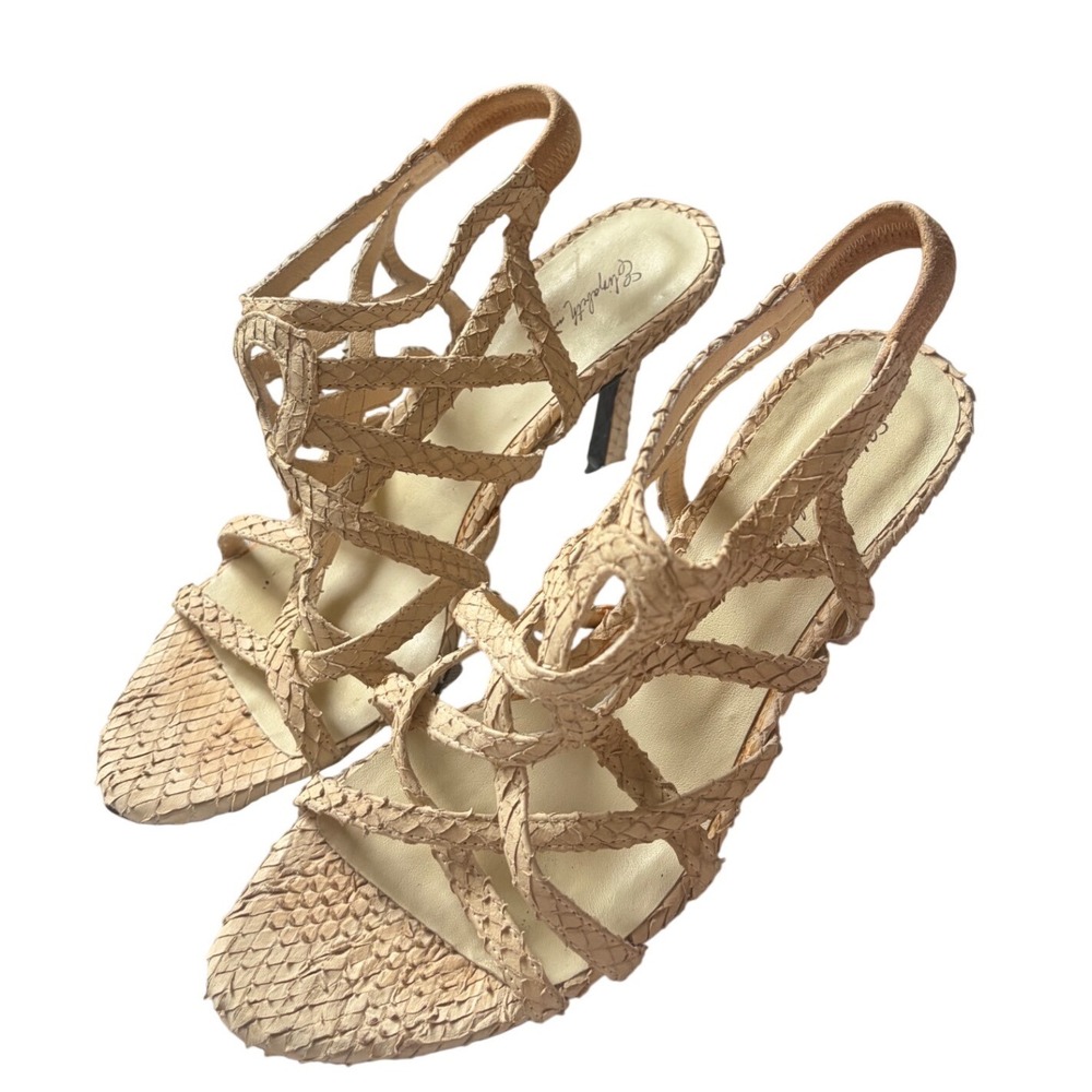 Genuine‎ Snakeskin Suede Nude Woven Caged Stiletto Slingback Sandals Sash